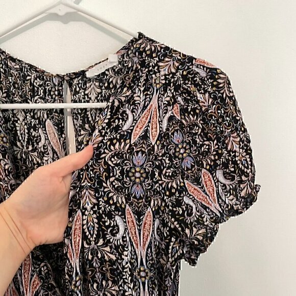 LUSH Black Multi Paisley Floral Short Sleeve Boho Surplice / Faux Wrap Romper L - Picture 5 of 13